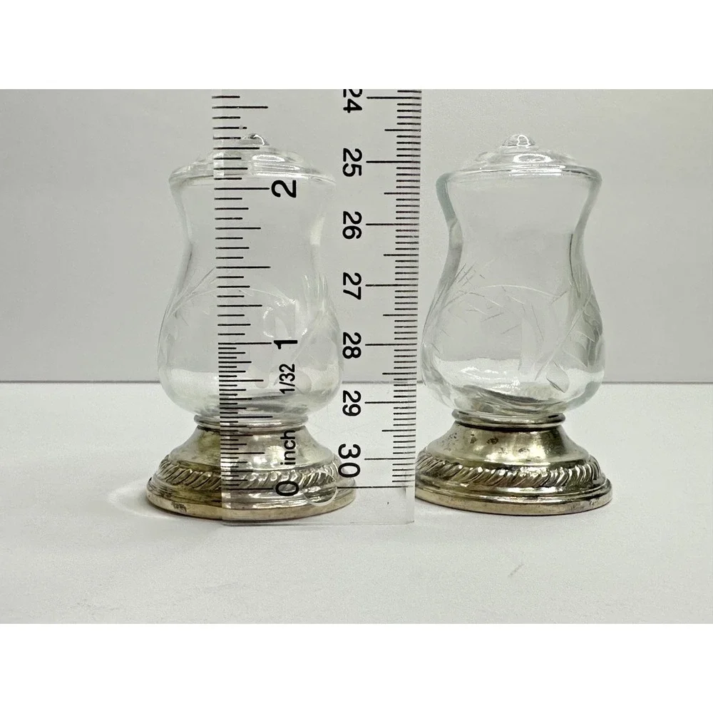 Quaker Sterling Silver Hurricane Salt and Pepper Weighted 703 Etched Glass